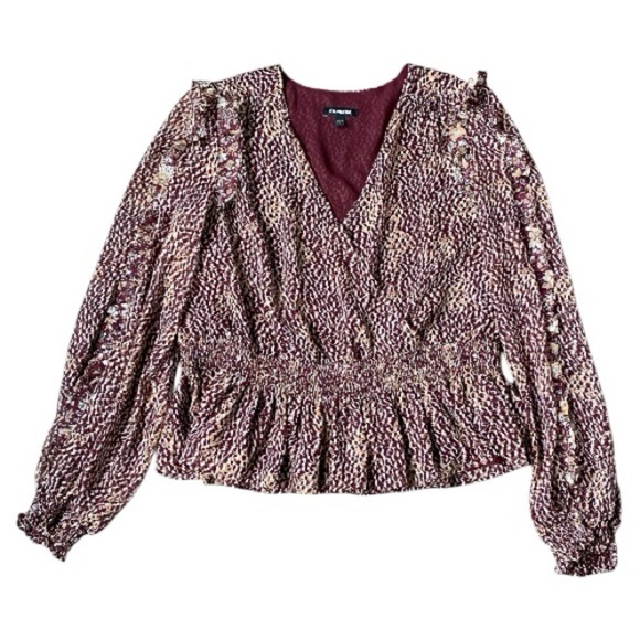 Express Women's Burgundy and Cream V-Neck Blouse Size L - Picture 4 of 11